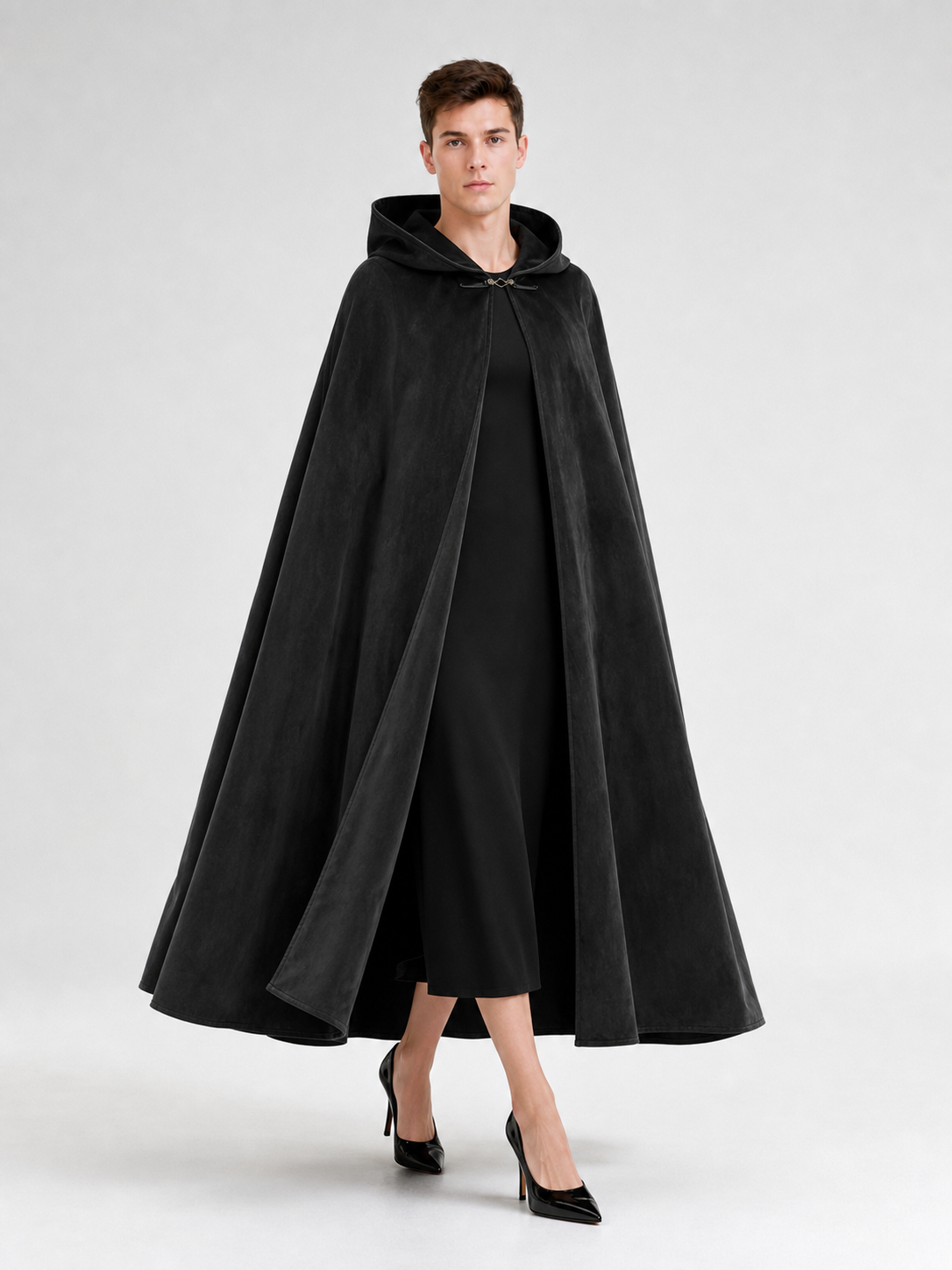 Long black hooded costume cloak
