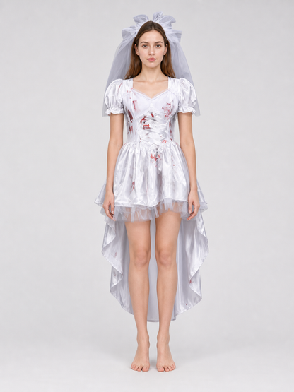 Bridal outfit with veil, satin, and tulle