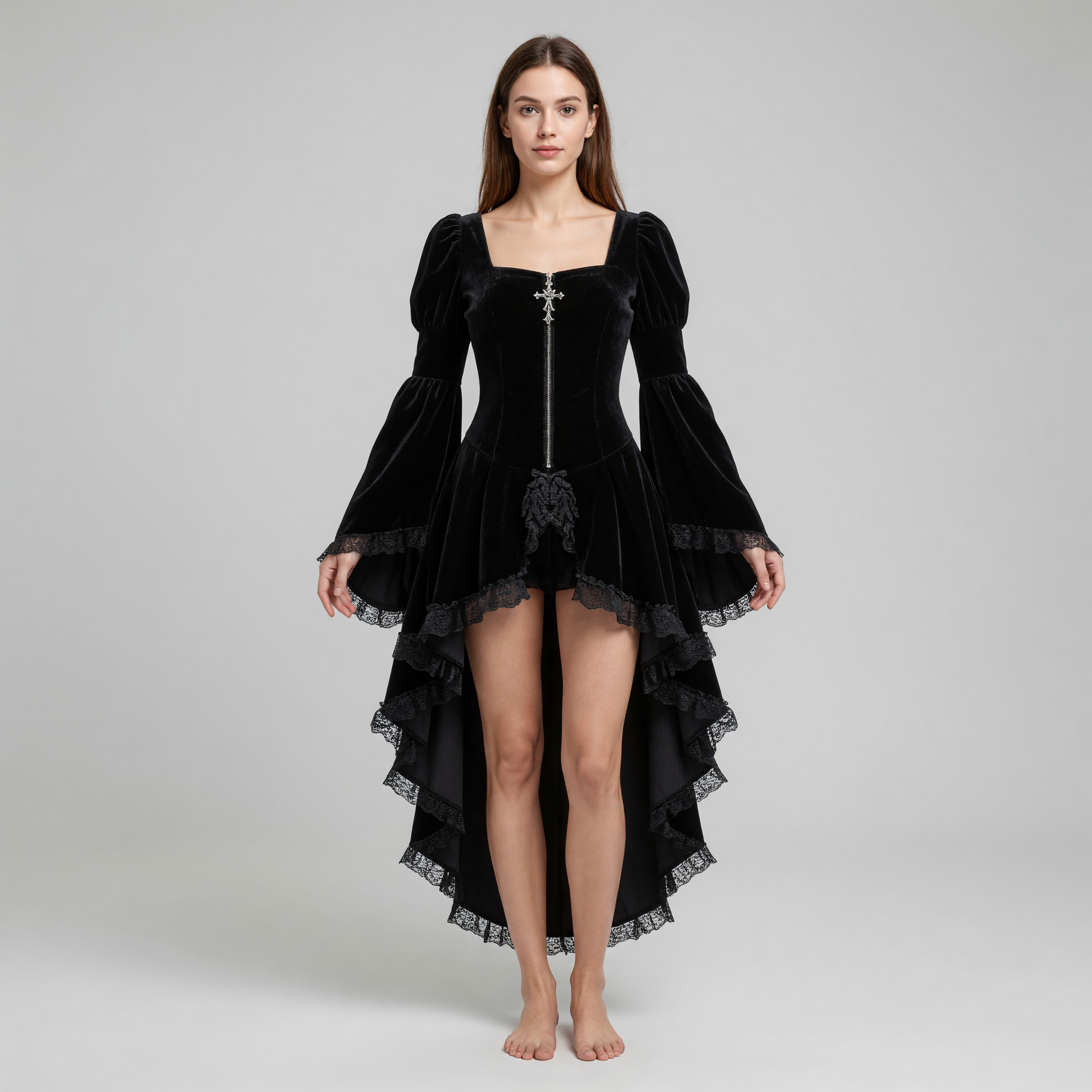 Gothic Cosplay Dress with Lace and Zipper