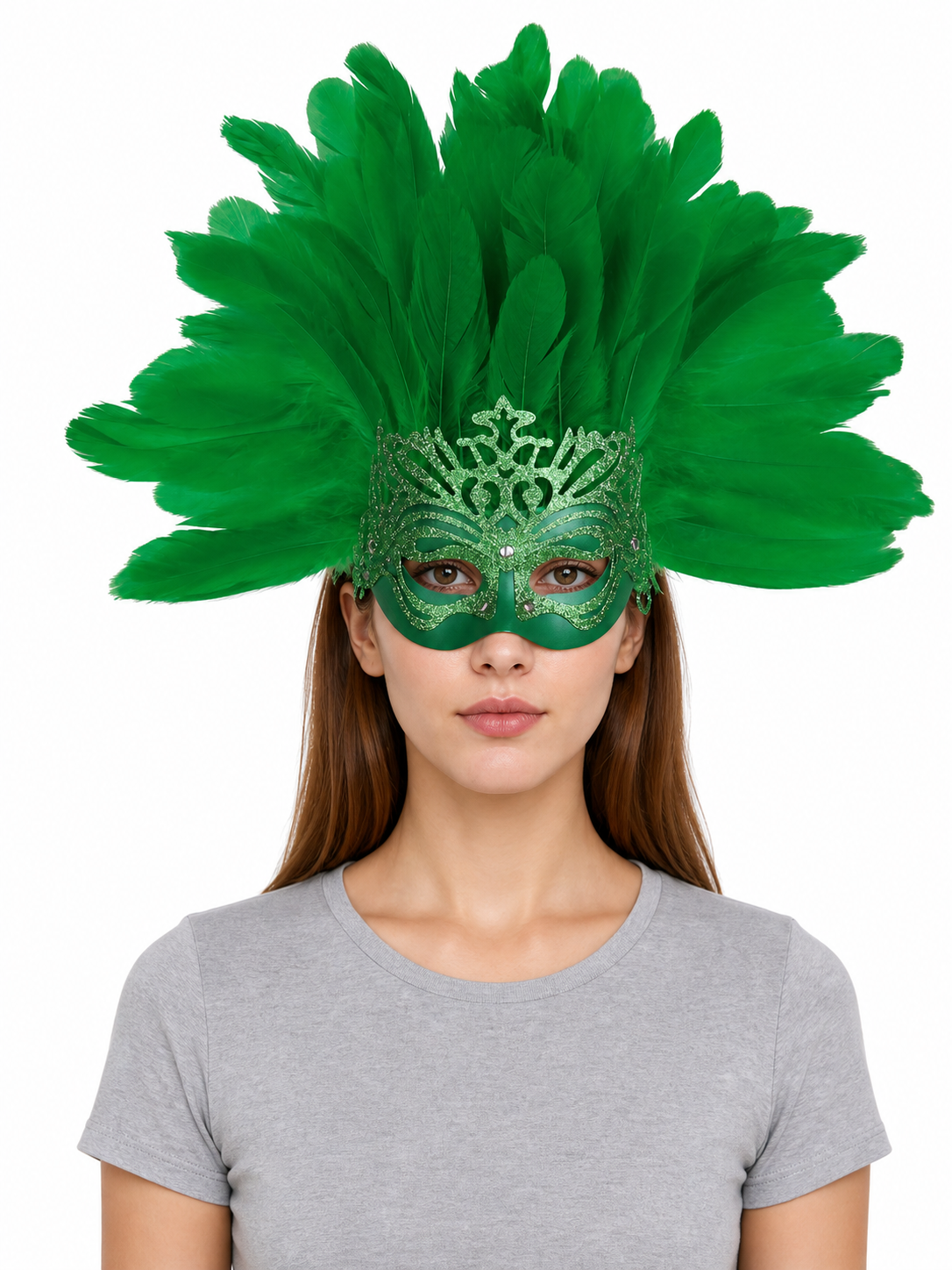 1pc Green Feather Mask, Large Feather Fan Shape, Cutout Eye Design, Elegant front view