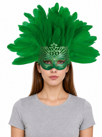 1pc Green Feather Mask, Large Feather Fan Shape, Cutout Eye Design, Elegant front view