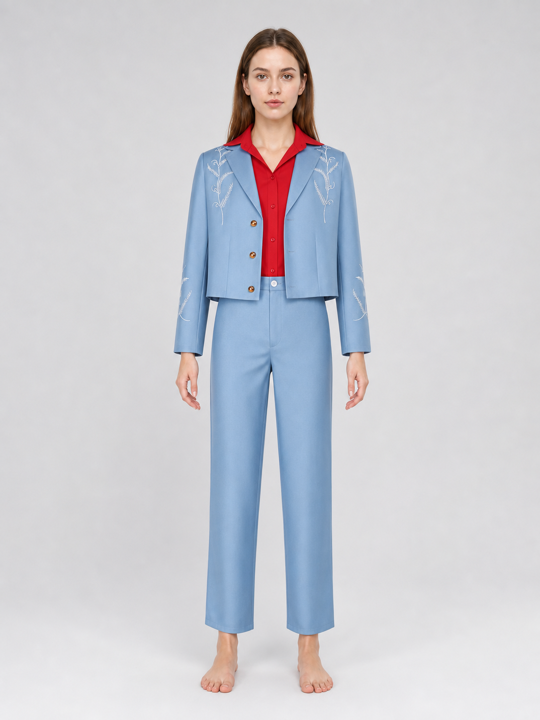 Bruno Three-Piece Suit: Light Blue Blazer, Shirt, and Pants