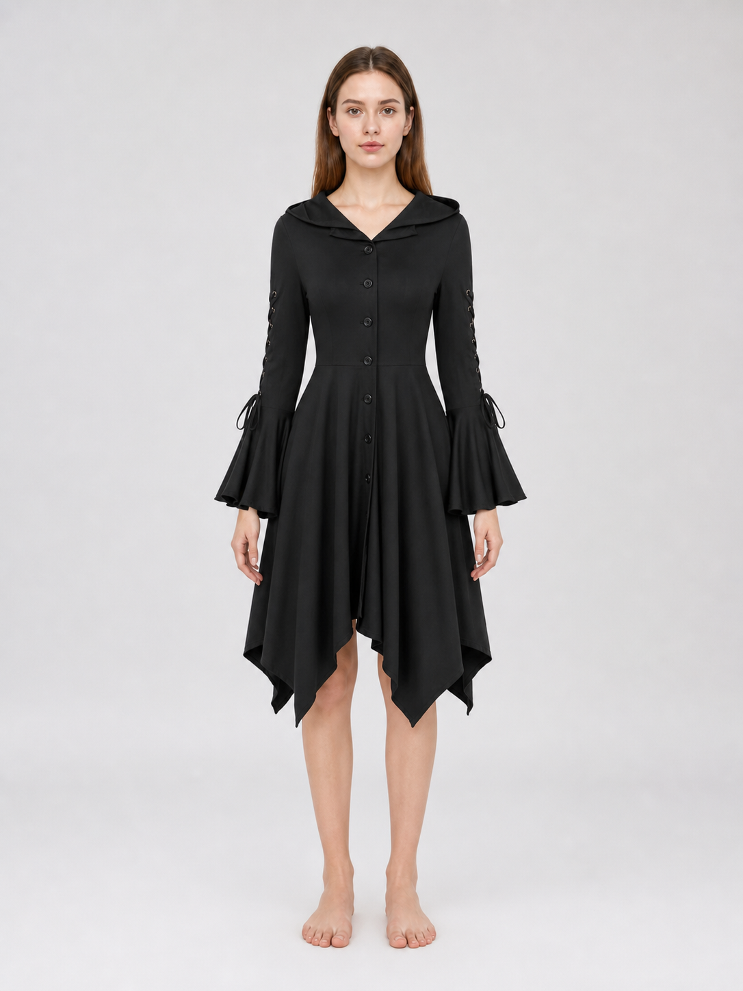 Gothic Hooded Dress with an Asymmetrical Hem