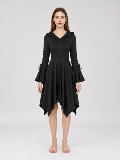 Gothic Hooded Dress with an Asymmetrical Hem