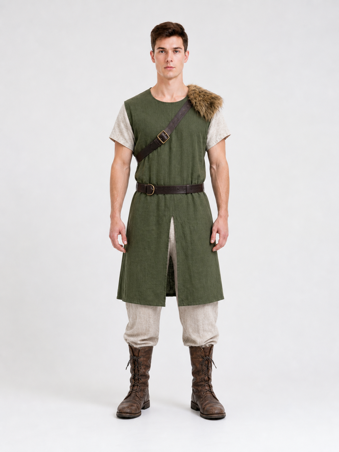 Sleeveless olive tunic with belt