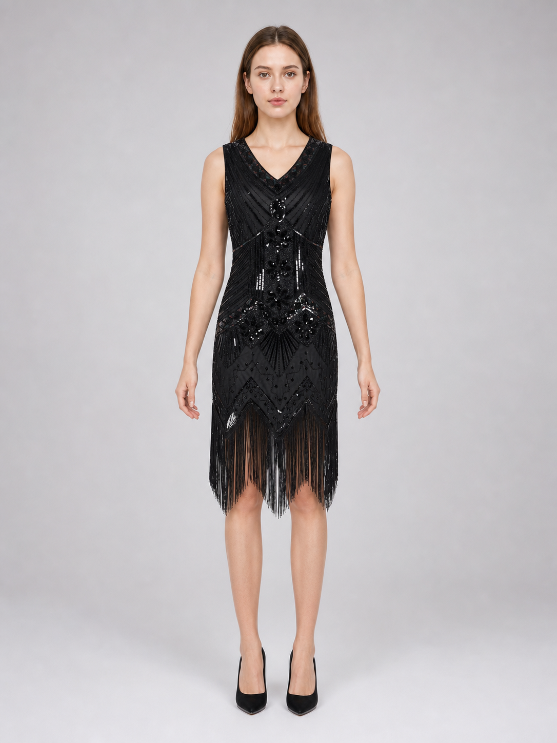 Black Art Deco Flapper Fringe Dress