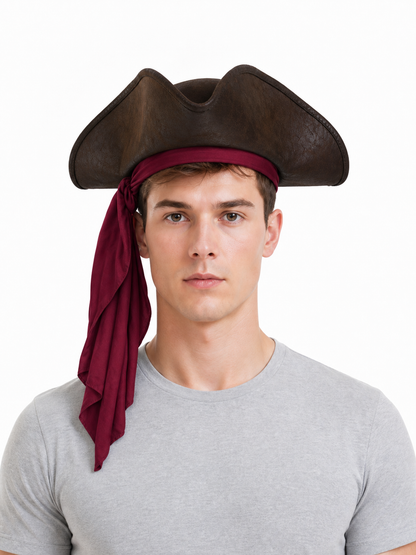 This carnival headpiece is made in a pirate style and is suitable for costume parties, themed events, Halloween, masquerades, stage looks, cosplay, and photo shoots. Its tricorn silhouette, raised curved brims, and dark brown textured surfa