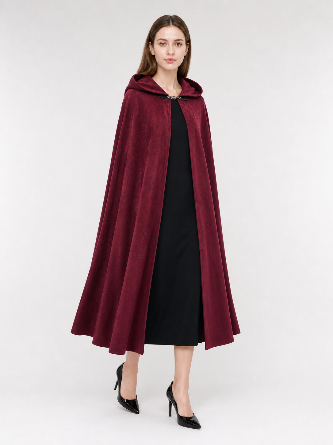 Long burgundy carnival cloak with hood