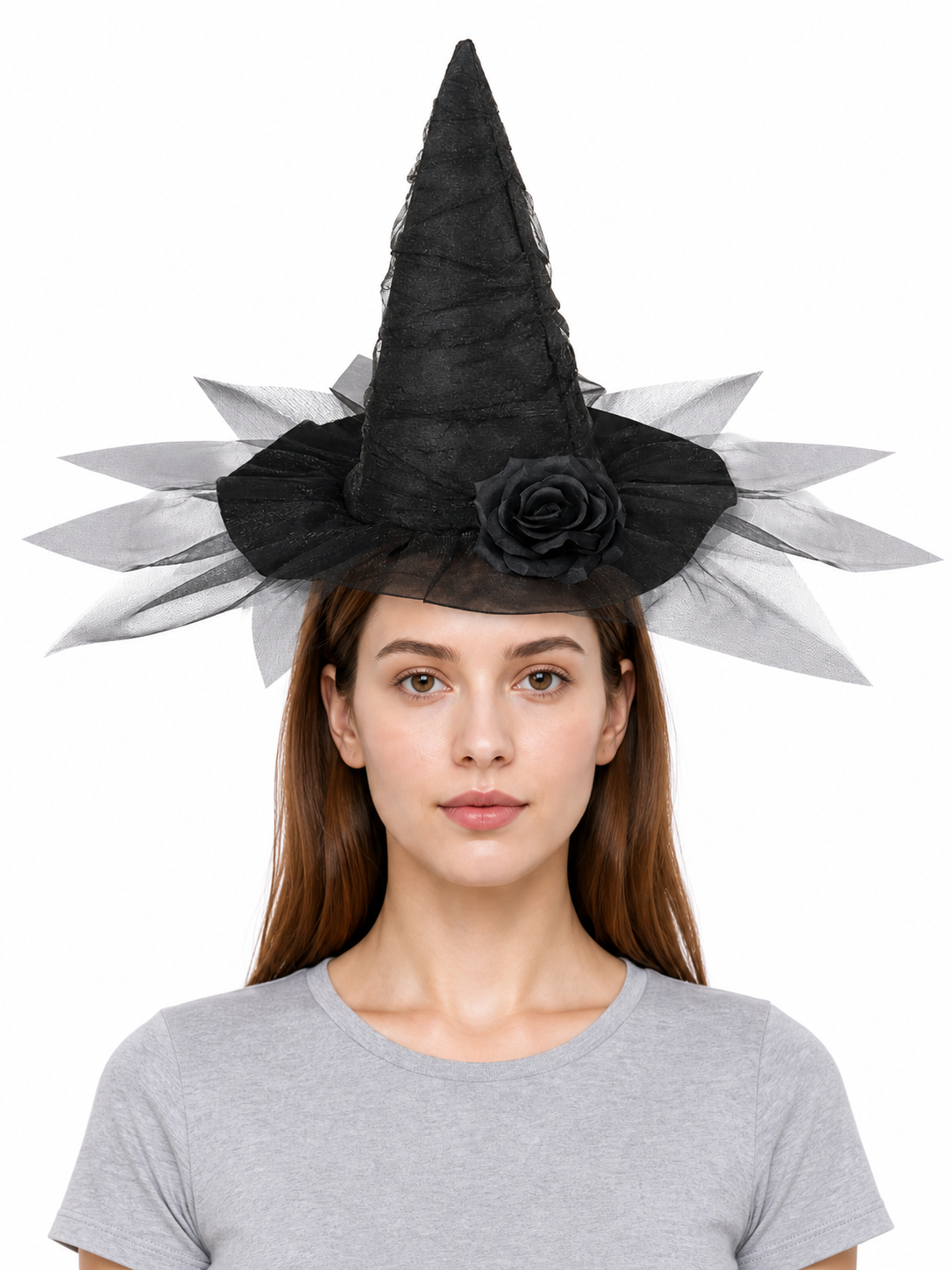 Black Halloween Witch Hat with Black Rose, Tall Pointed Wide Brim Mesh Costume Hat for Gothic Parties and Decorations