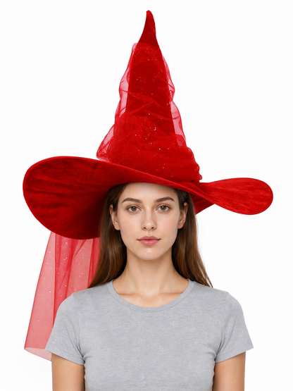 1pc Red Halloween Witch Hat with Very Tall Pointed Crown, Extra-Wide Floppy Brim and Sheer Glitter-Speckled Overlay for Cosplay Parties