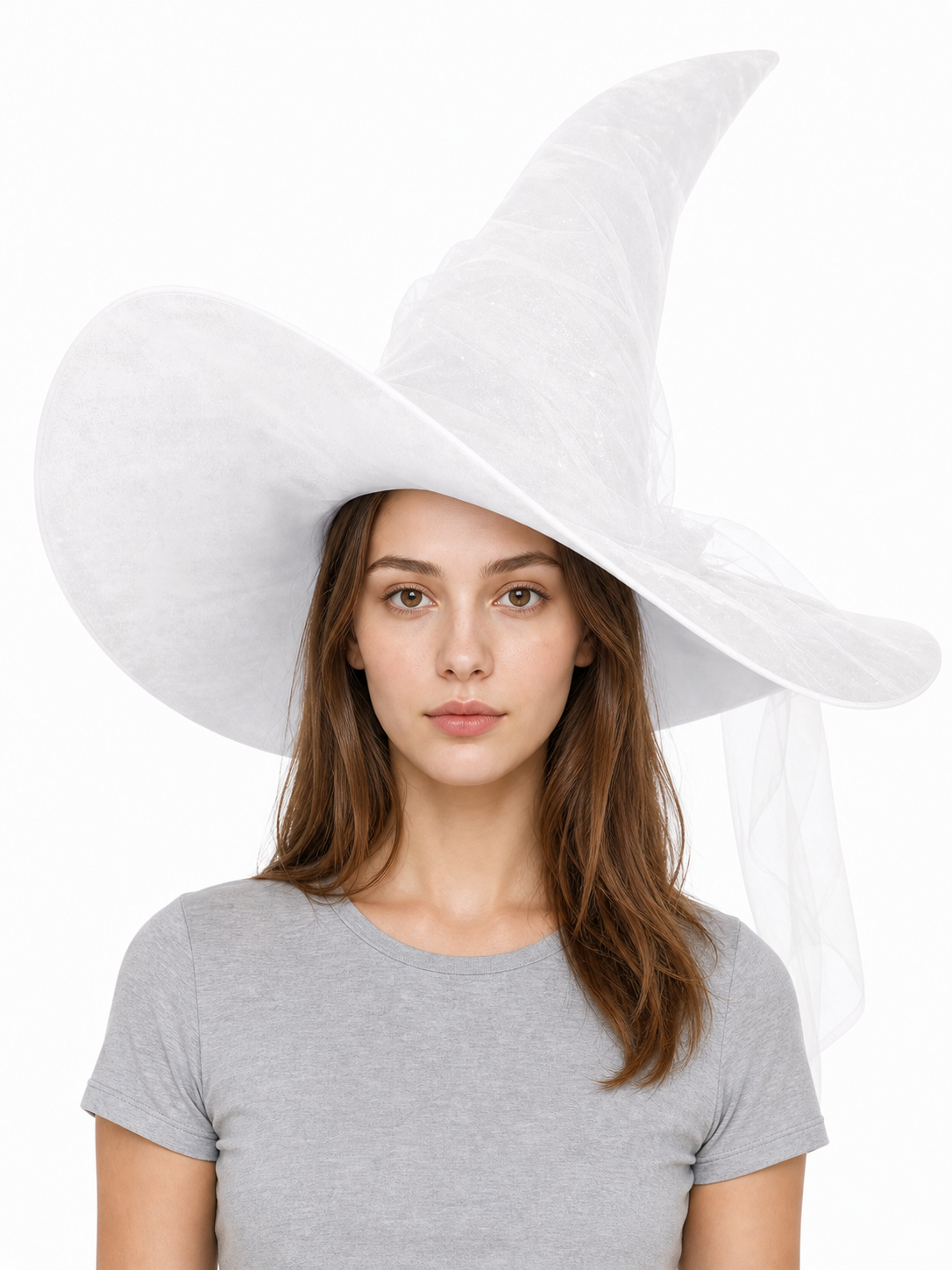 White Halloween Witch Hat With Wide Floppy Brim, Sheer Layered Fabric, Curved Pointed Crown And Trailing Veil For Cosplay Costume Party