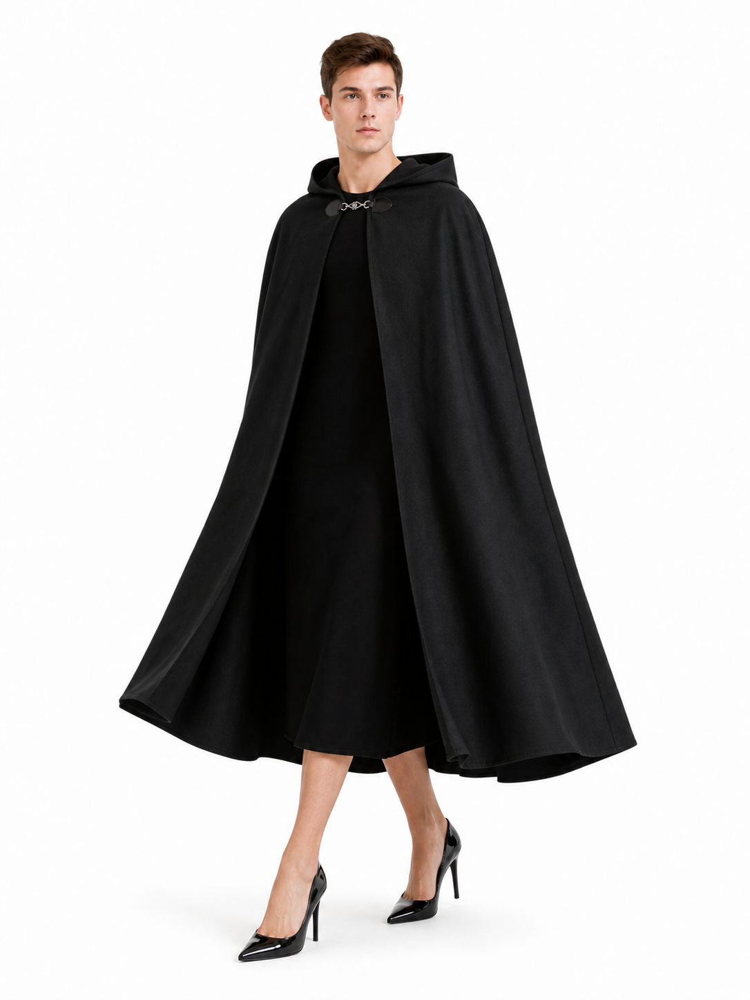 Long black hooded carnival cloak