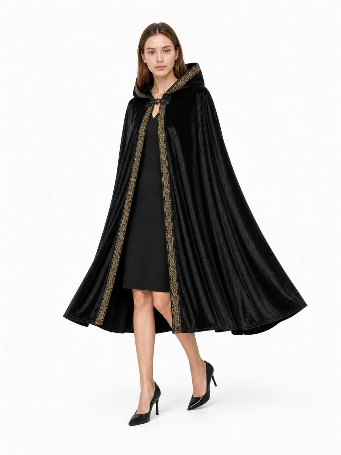 Black Costume Cloak with Hood and Trim