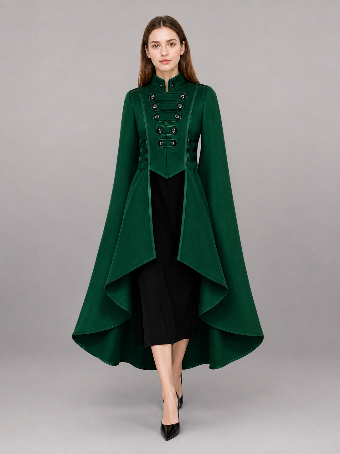Green costume cloak with black inserts
