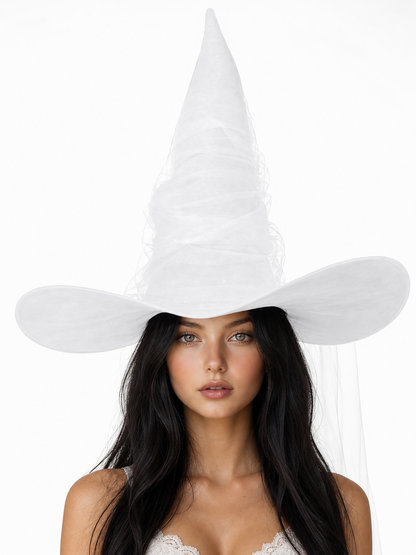 White Halloween Witch Hat With Attached Sheer Veil, Tall Curved Pointed Crown And Wide Floppy Brim For Cosplay Costume Party