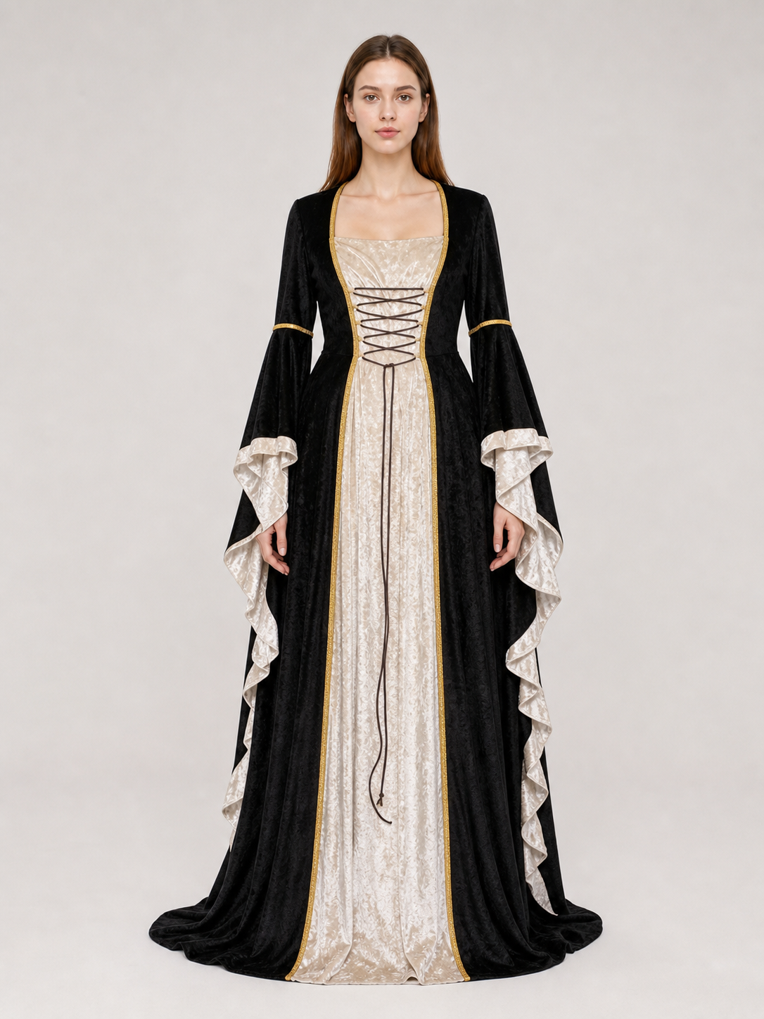 Floor-Length Dress with Corset Lacing and Ruffles