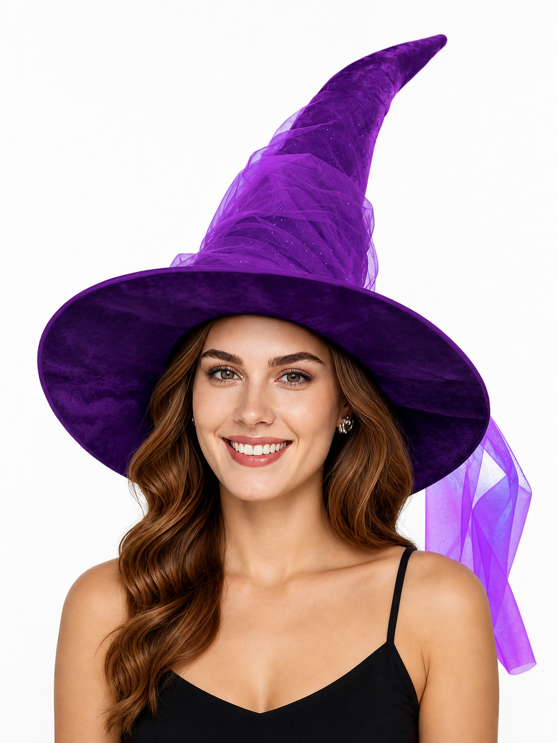 1pc Purple Halloween Witch Hat Wide Brim Crooked Pointed Crown With Sheer Mesh Veil Glitter Detail Costume Accessory