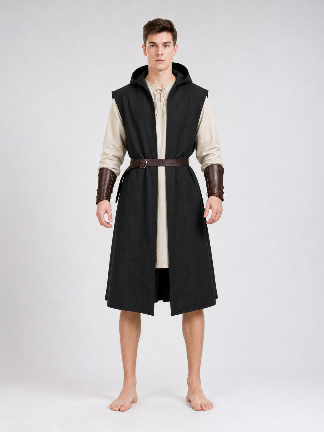 Long Sleeveless Hooded Vest, Black