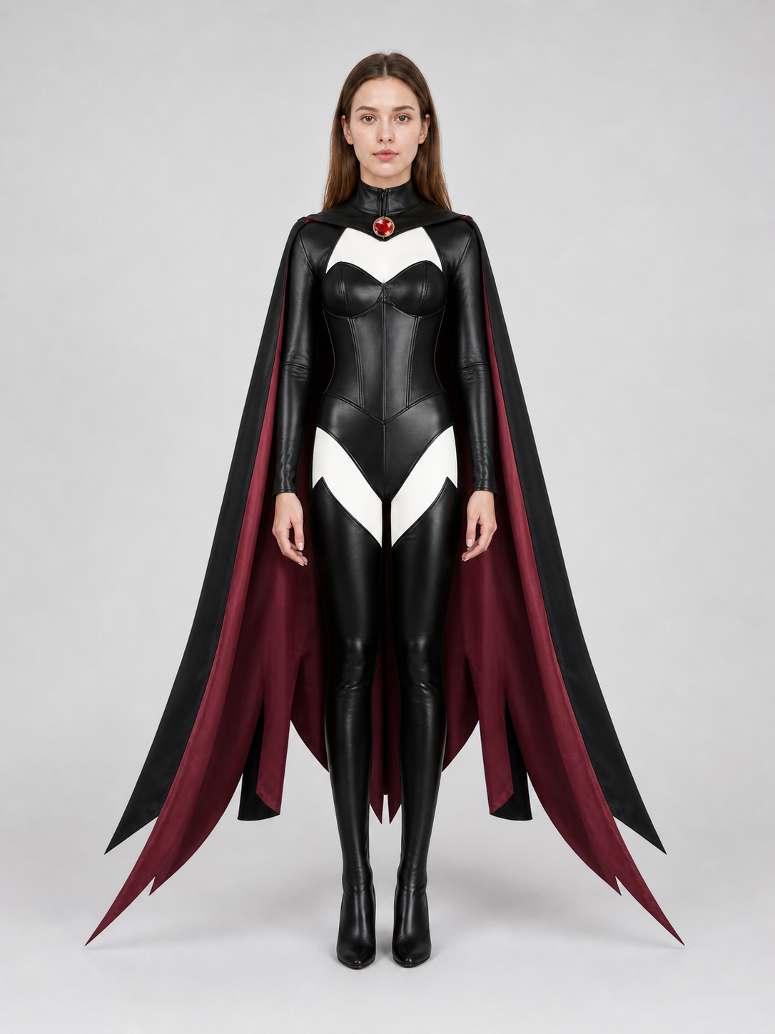 X-Men cosplay costume with cape in a black and burgundy color scheme. The set includes a one-piece costume and a cape, combined into a striking look for role-play transformations and themed events, including Halloween. The design features a
