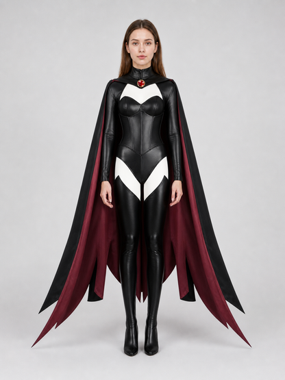 X-Men cosplay costume with cape in a black and burgundy color scheme. The set includes a one-piece costume and a cape, combined into a striking look for role-play transformations and themed events, including Halloween. The design features a