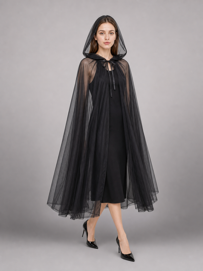 Black costume cloak with hood, layered mesh