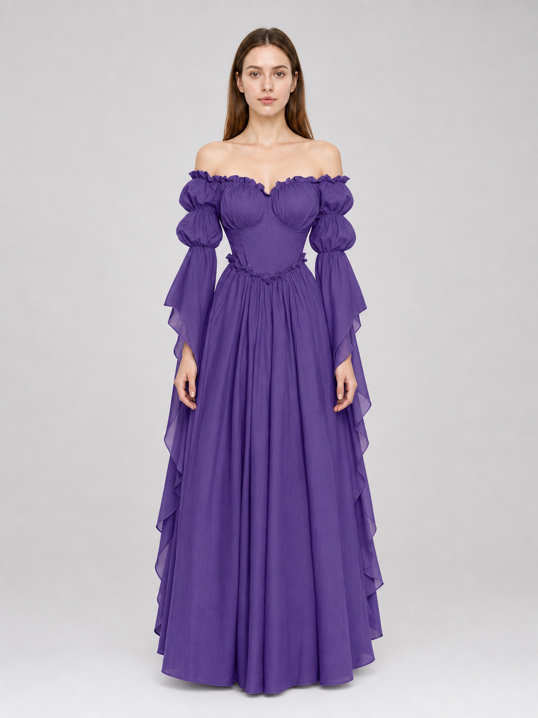 Purple off-the-shoulder dress in a historical style
