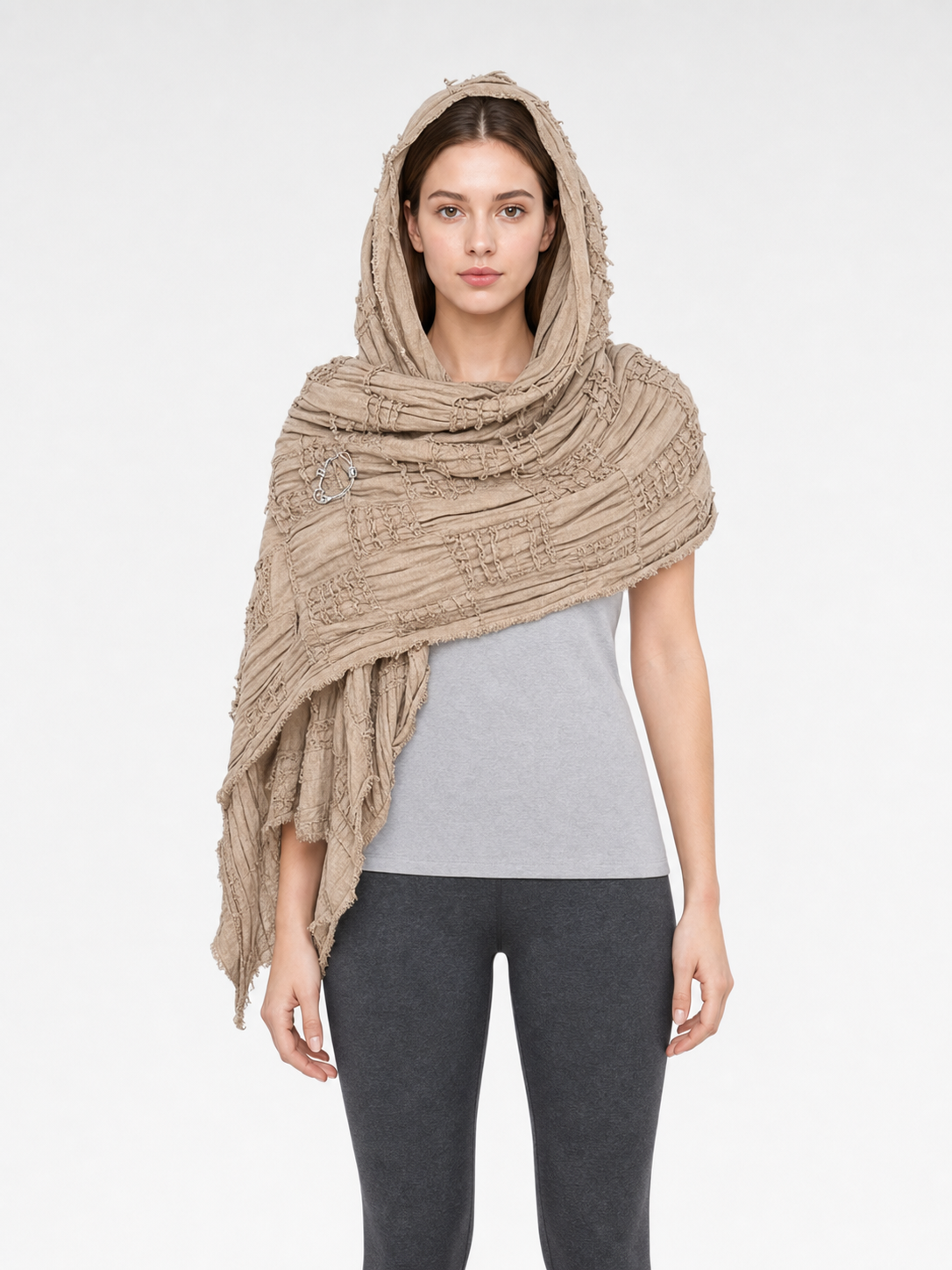 Boho Hooded Scarf Cape, Khaki