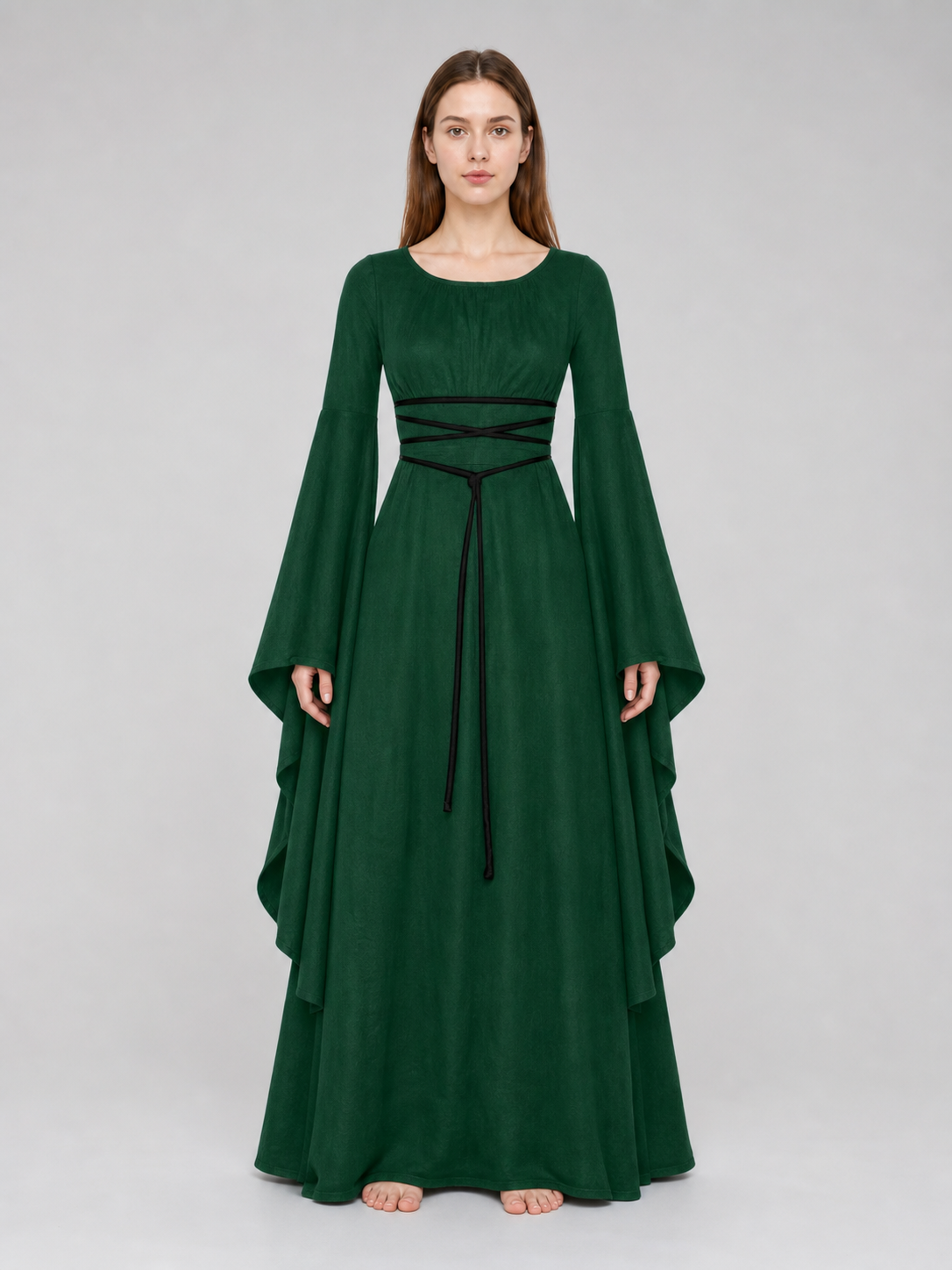 Long Dress with Sleeves and Waist Lacing
