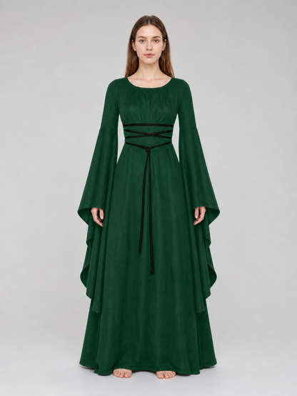 Long Dress with Sleeves and Waist Lacing