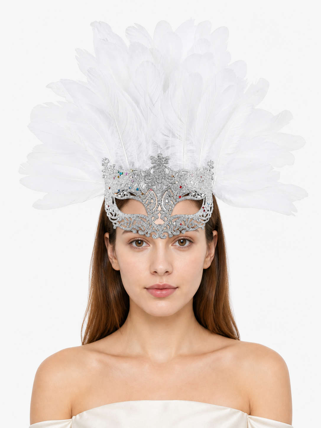 Masquerade Mask with White Feathers and Glitter