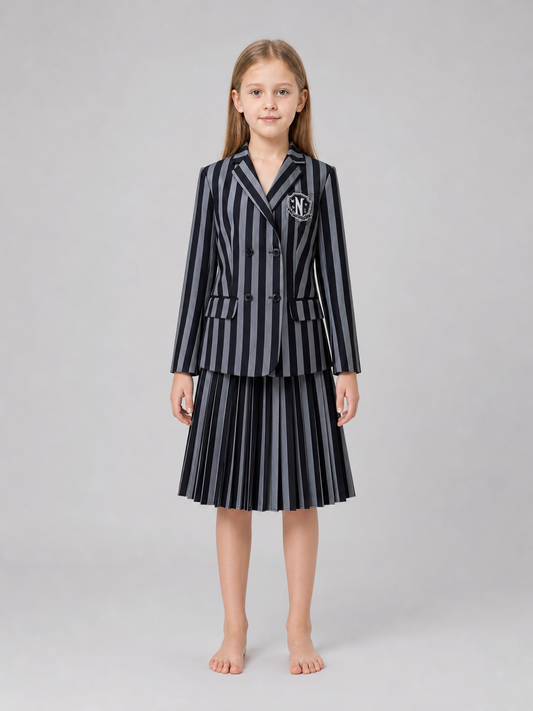 Girls' Striped School Uniform Blazer and Skirt front view on child model