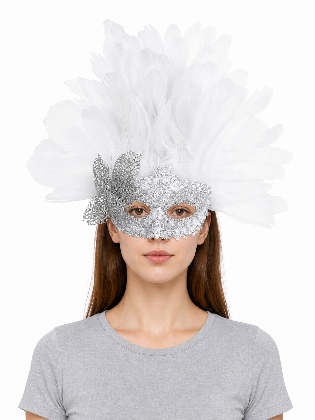 White feather and silver lace masquerade mask worn front-facing by a model in a gray T-shirt
