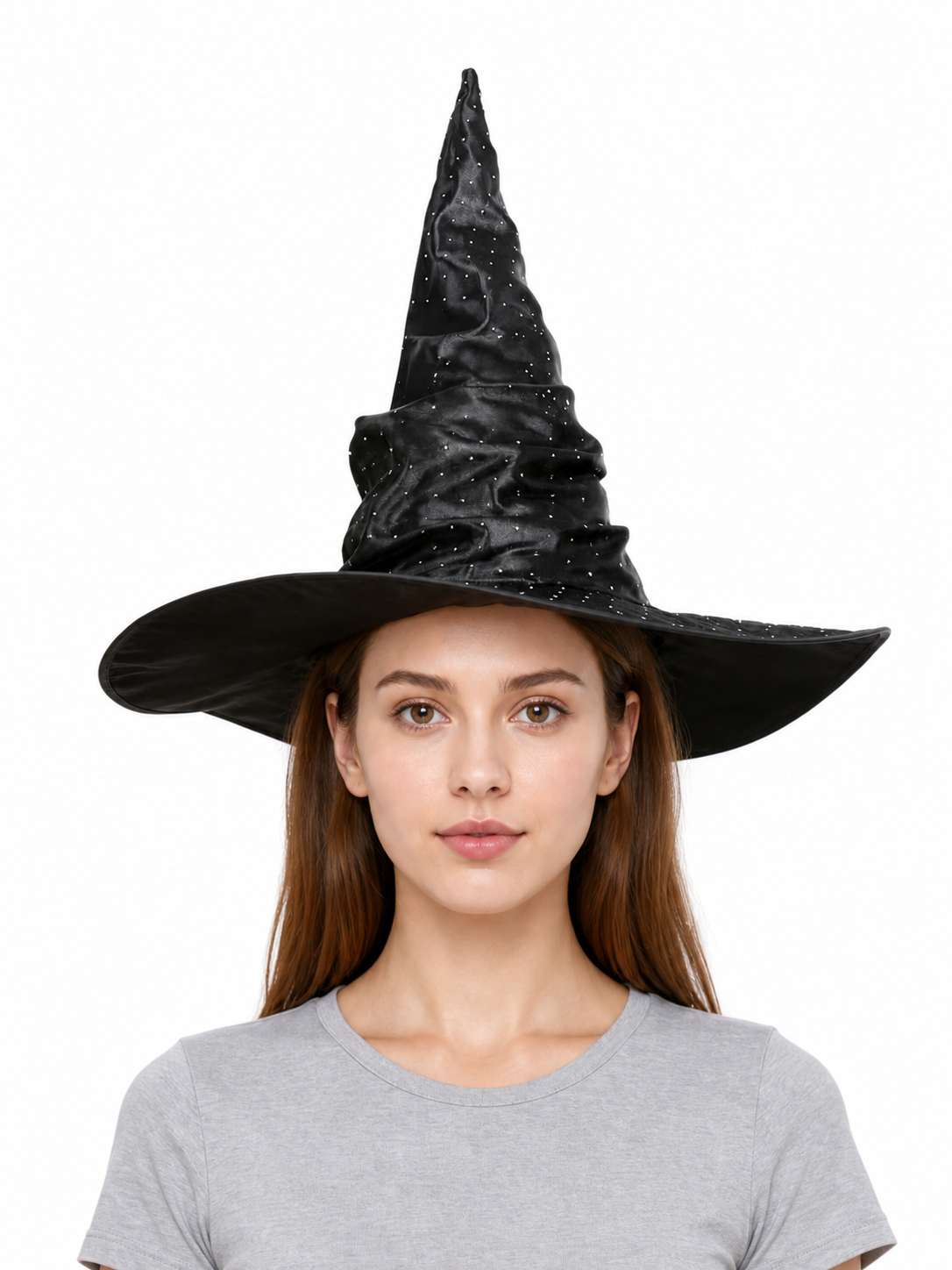 Black Halloween Witch Hat Pointed Wide Brim Ruched Crown With Silver-White Dot Embellishments Costume Accessory