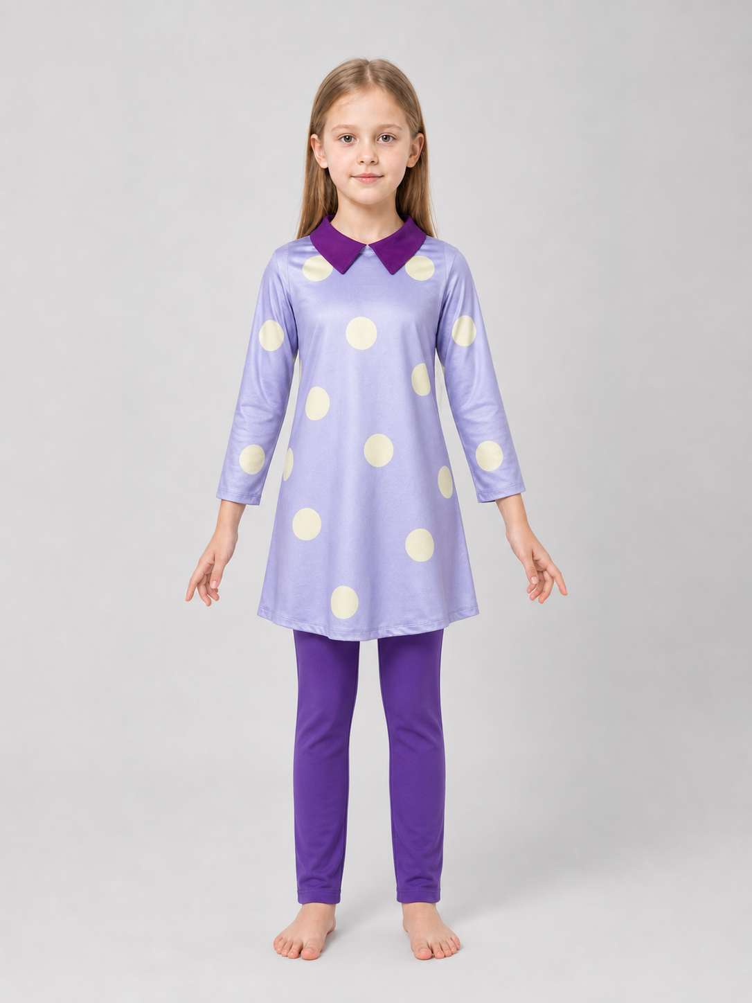 A bright costume set in the style of the character from Inside Out 2 is designed for a themed look and an eye-catching transformation. The set includes a long-sleeve tunic dress, matching leggings, and a headpiece with the character’s face 