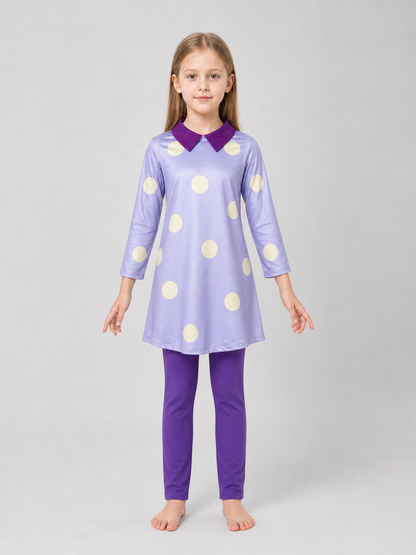 A bright costume set in the style of the character from Inside Out 2 is designed for a themed look and an eye-catching transformation. The set includes a long-sleeve tunic dress, matching leggings, and a headpiece with the character’s face 