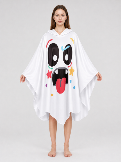 Halloween Ghost Costume Hooded Poncho with Cartoon Face Graphic, Wide Draped Sleeves and Multicolor Details for Costume Parties