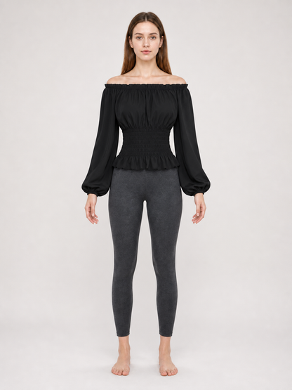 Black off-the-shoulder blouse with ruffles