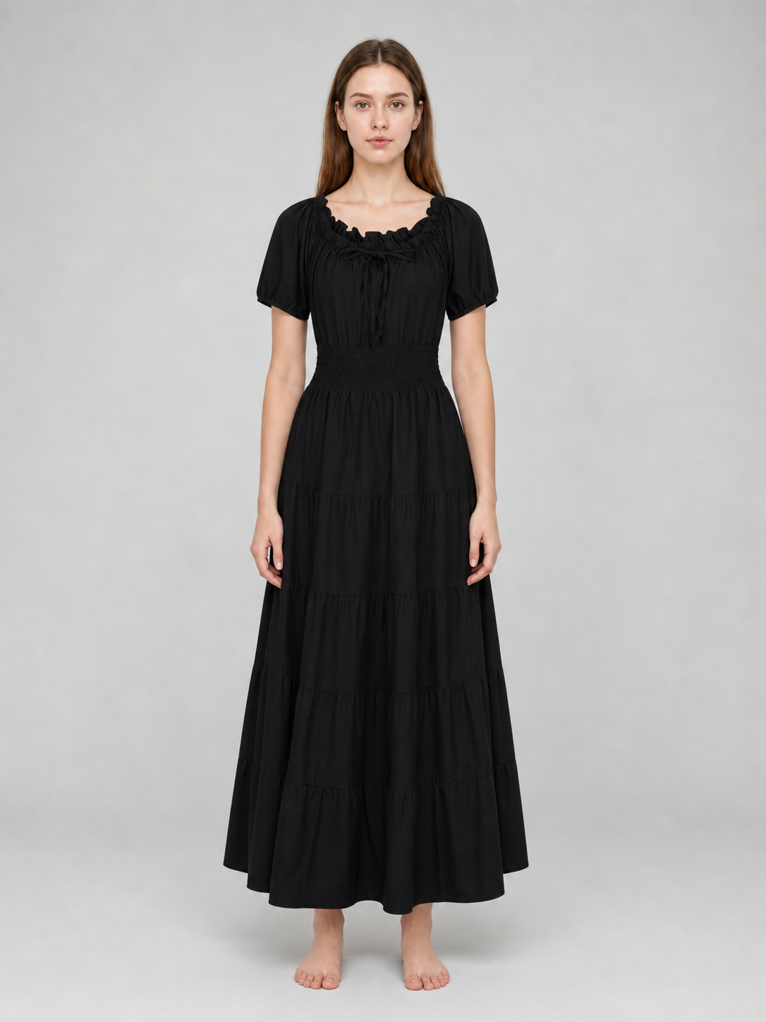 Black Tiered Maxi Dress with Gathering