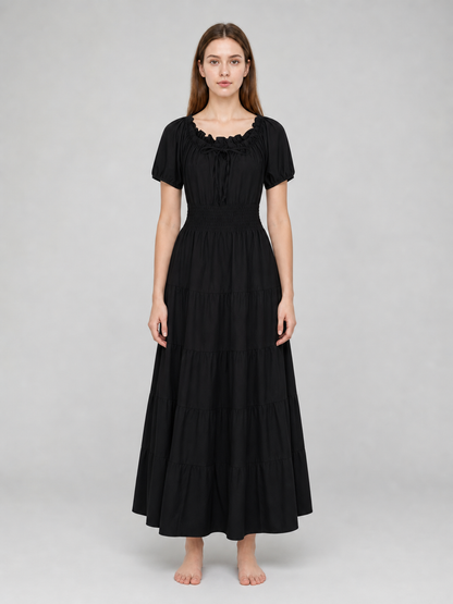 Black Tiered Maxi Dress with Gathering