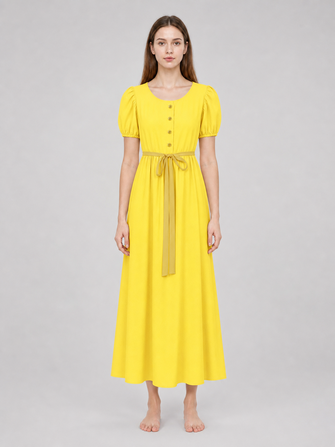 Yellow Dress with Buttons and a Drawstring Waist