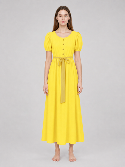 Yellow Dress with Buttons and a Drawstring Waist