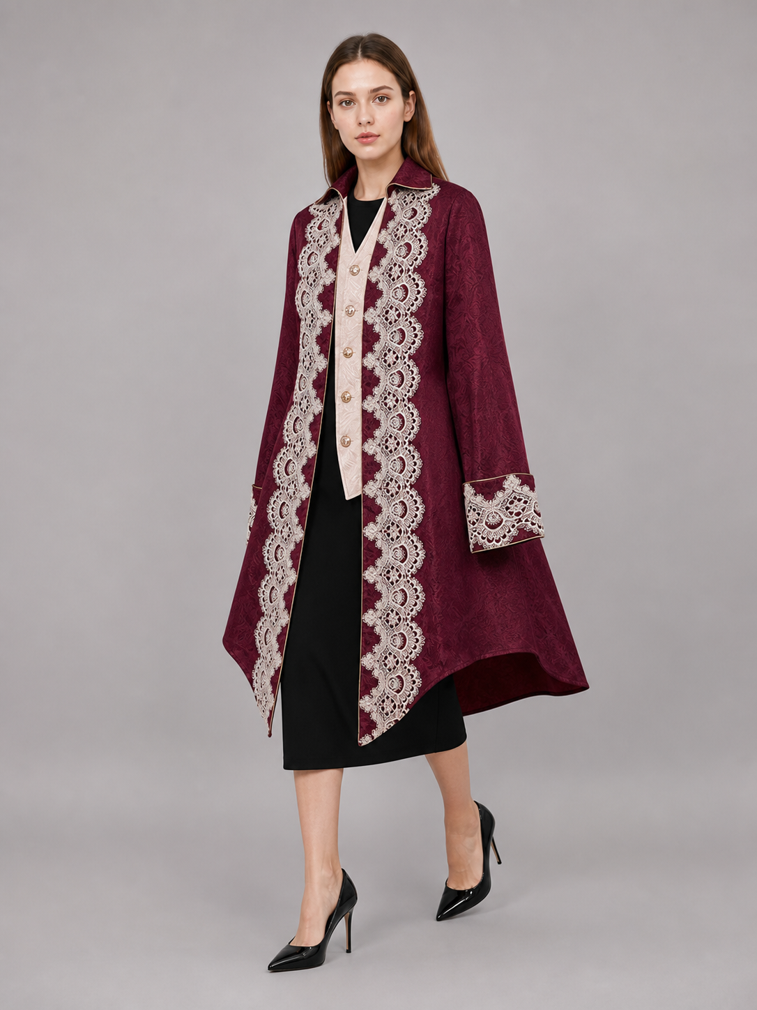 Vintage Burgundy Carnival Cape with Lace