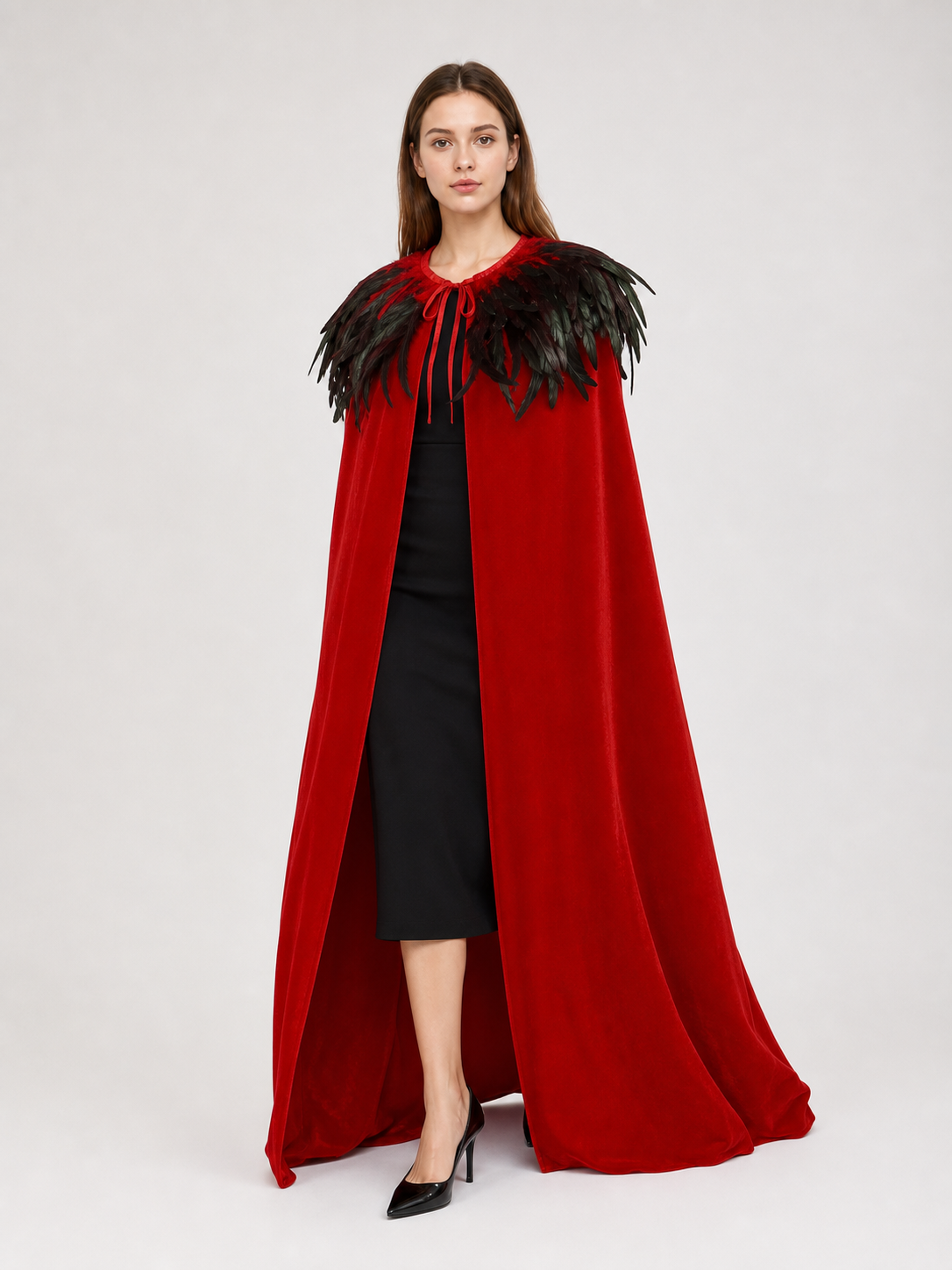 Red Velvet Cape with Feather Trim