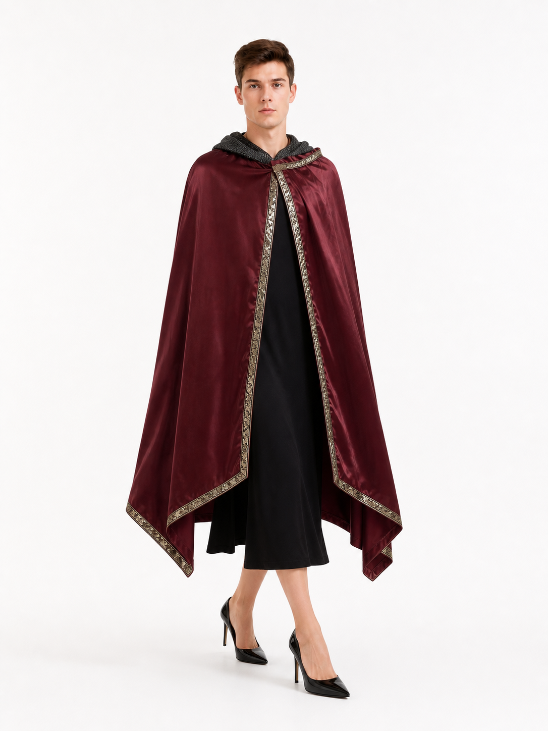Burgundy velvet-look hooded costume cape product view 22