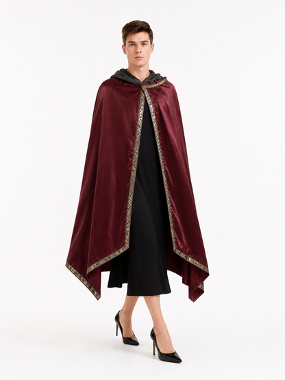 Burgundy velvet-look hooded costume cape product view 22