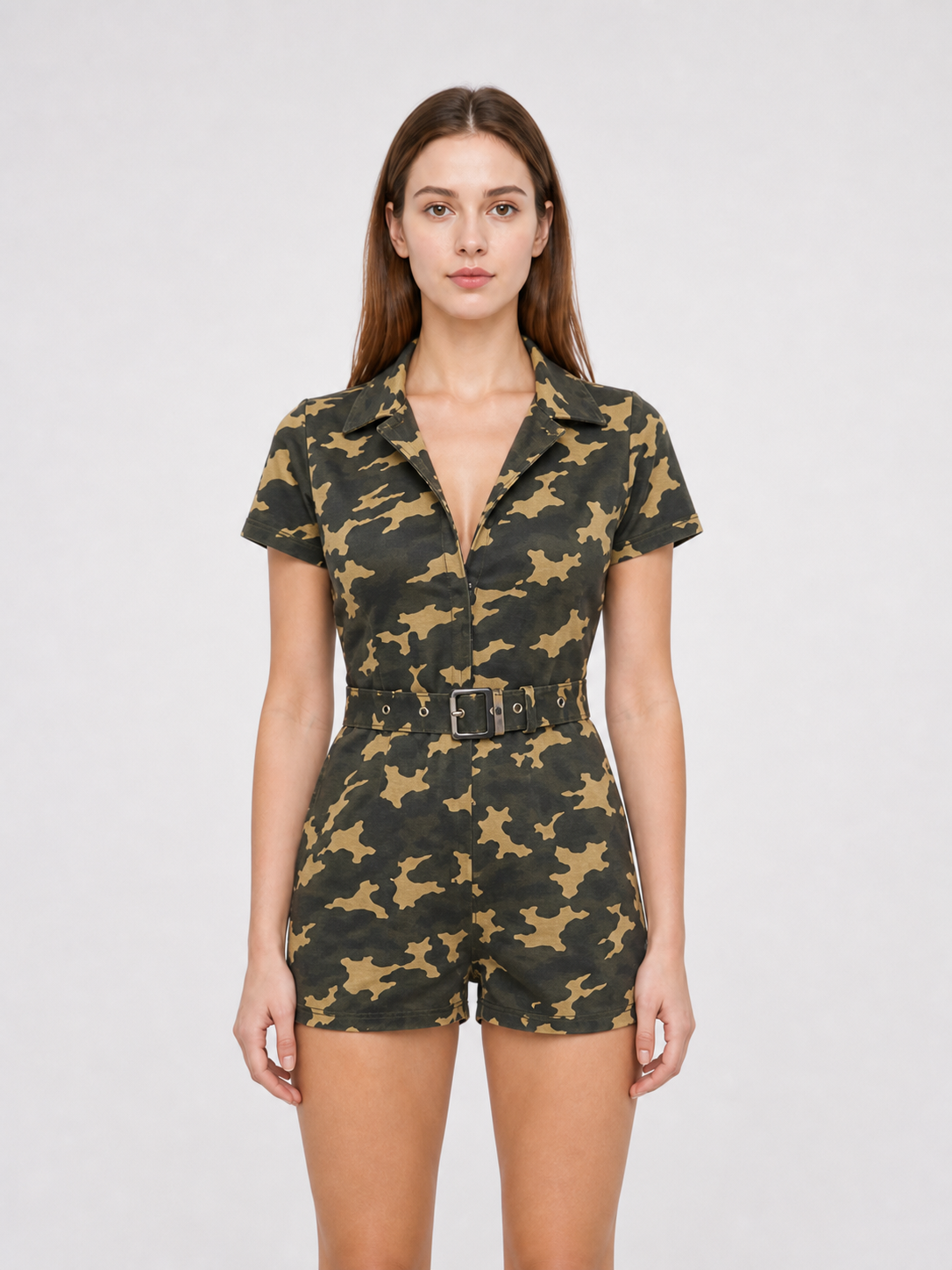 Camouflage jumpsuit costume with cap and belt