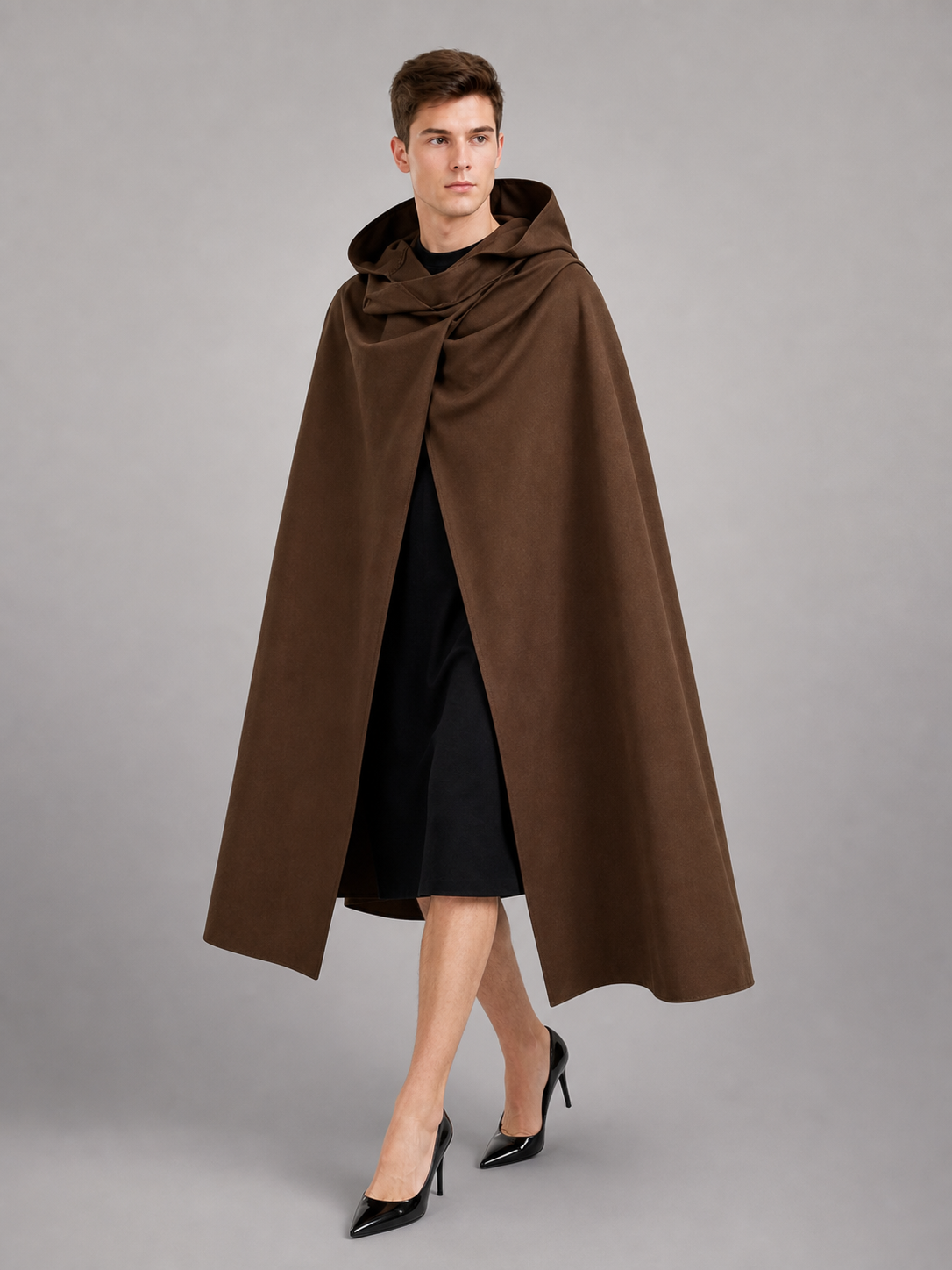 Medieval Fantasy Hooded Cloak, Deep Brown Long Draped Cape with Overlapping Front and Pointed Hem for Role Play, Stage Styling and Outdoor Wear