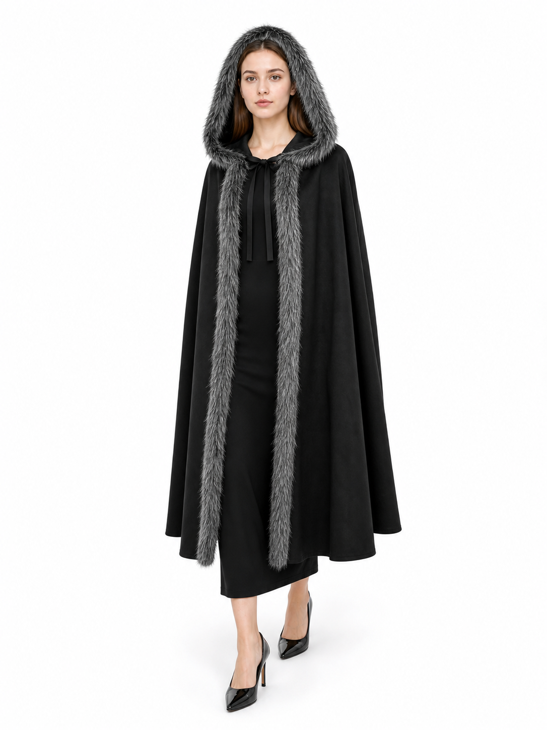 Black hooded costume cloak with fur trim