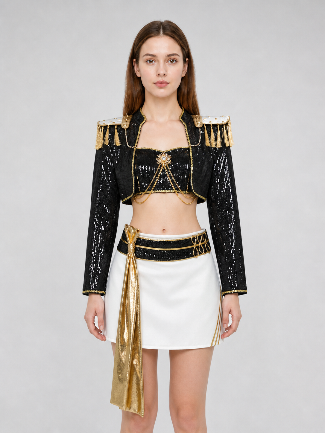 Mila Cosplay Costume, Black and Gold Stage Set