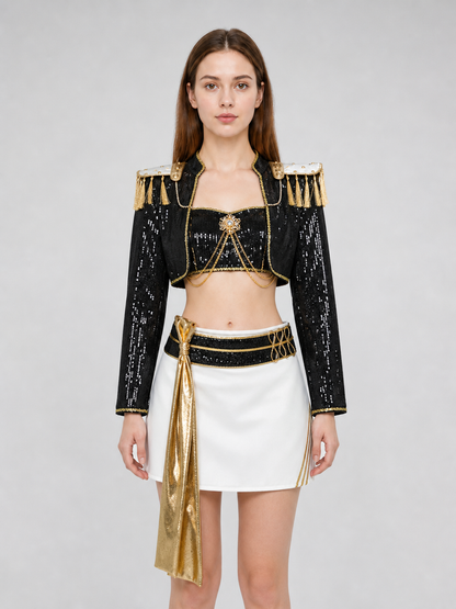 Mila Cosplay Costume, Black and Gold Stage Set